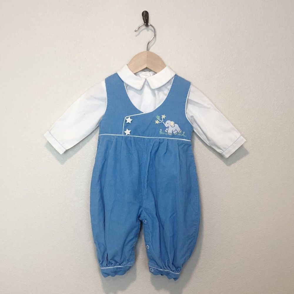 Petit Ami Jumpsuit and Collared Shirt Baby Elephant and Stars Embroidered 6M